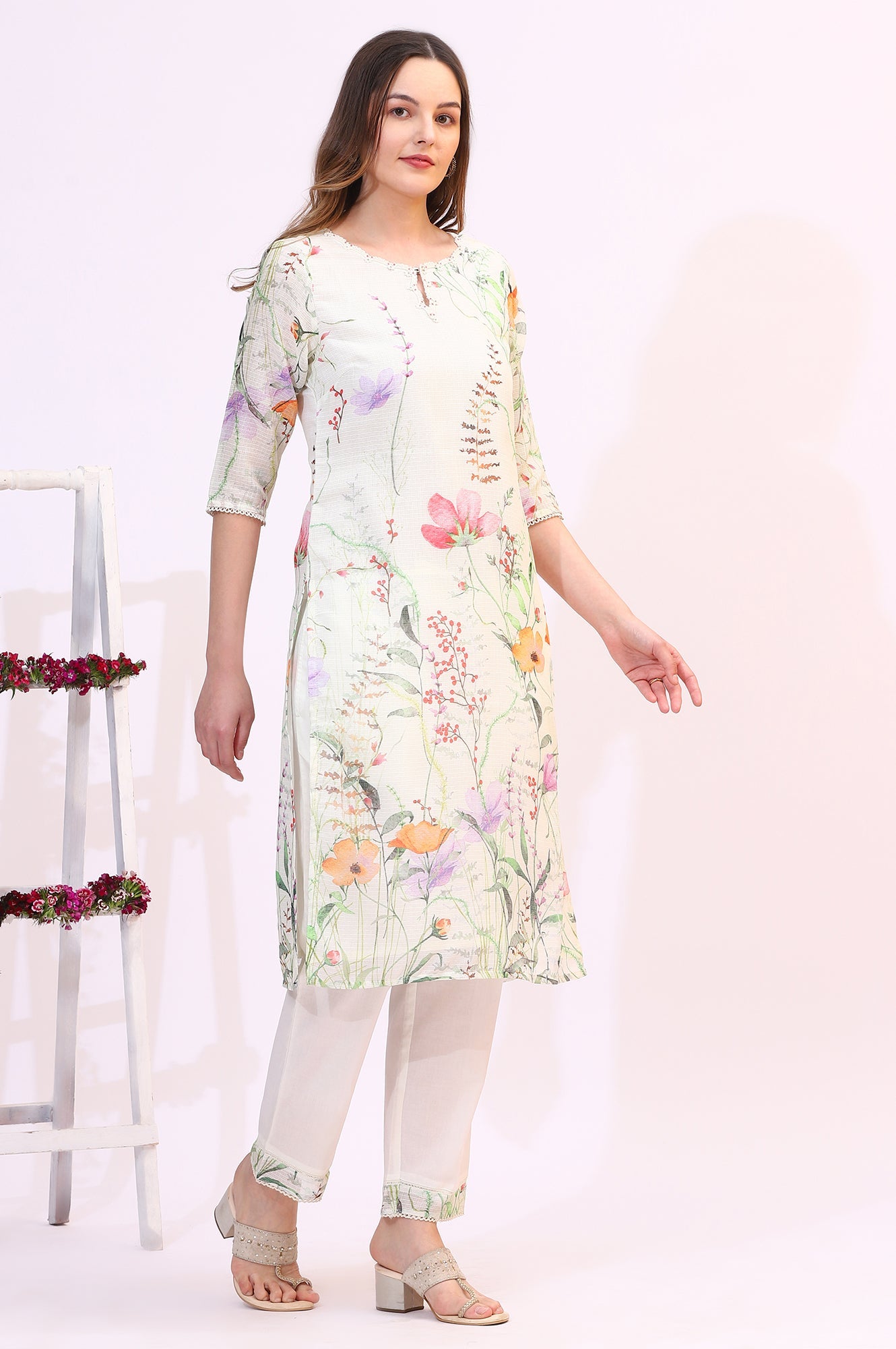 W for Woman Cream Floral Printed Kota Straight Kurta, Pants and Dupatta Set