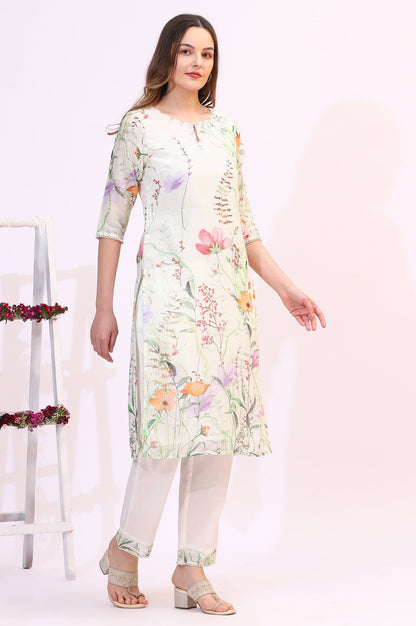 W for Woman Cream Floral Printed Kota Straight Kurta, Pants and Dupatta Set