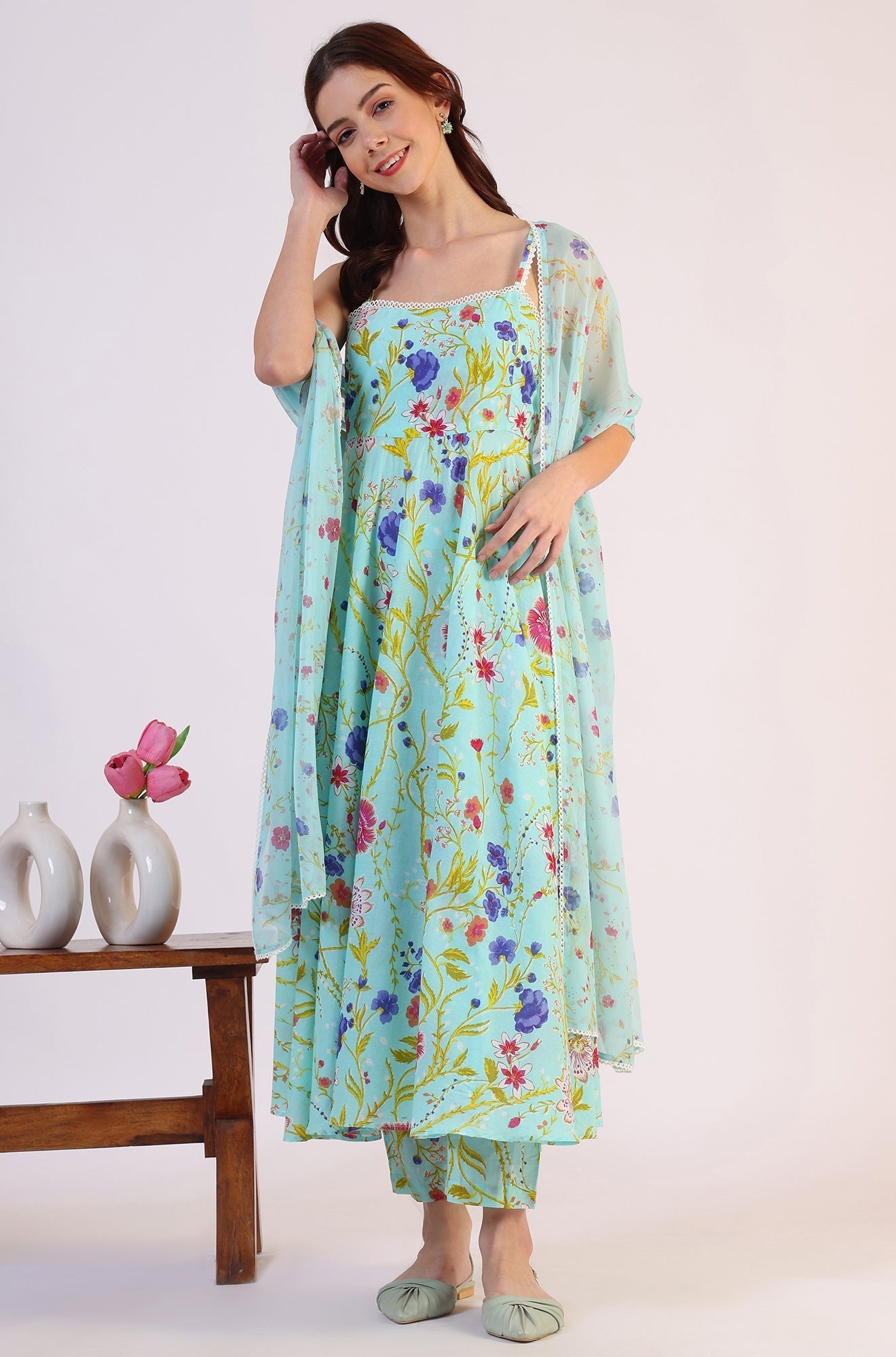 W for Woman Floral Printed Lace Flared Pure Cotton Kurta & Straight Pant with Dupatta Set