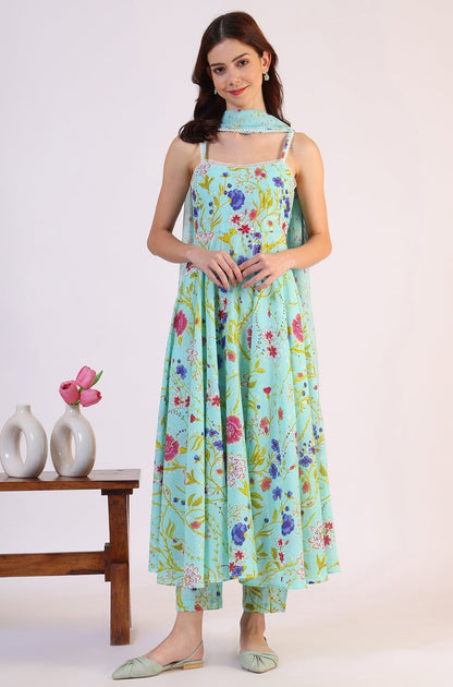 W for Woman Floral Printed Lace Flared Pure Cotton Kurta & Straight Pant with Dupatta Set