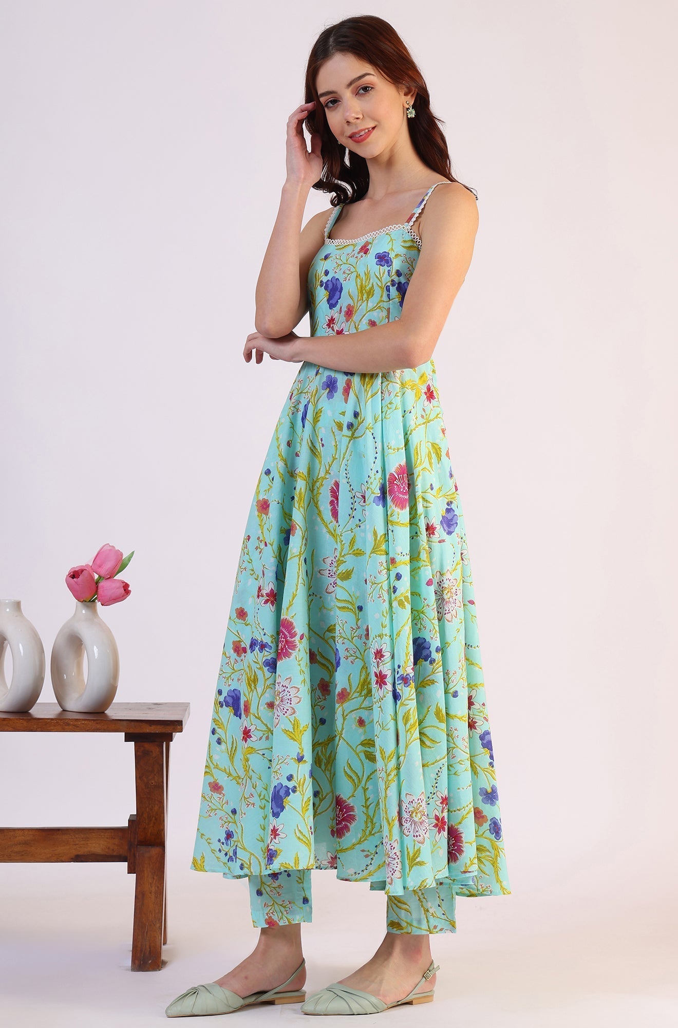 W for Woman Floral Printed Lace Flared Pure Cotton Kurta & Straight Pant with Dupatta Set