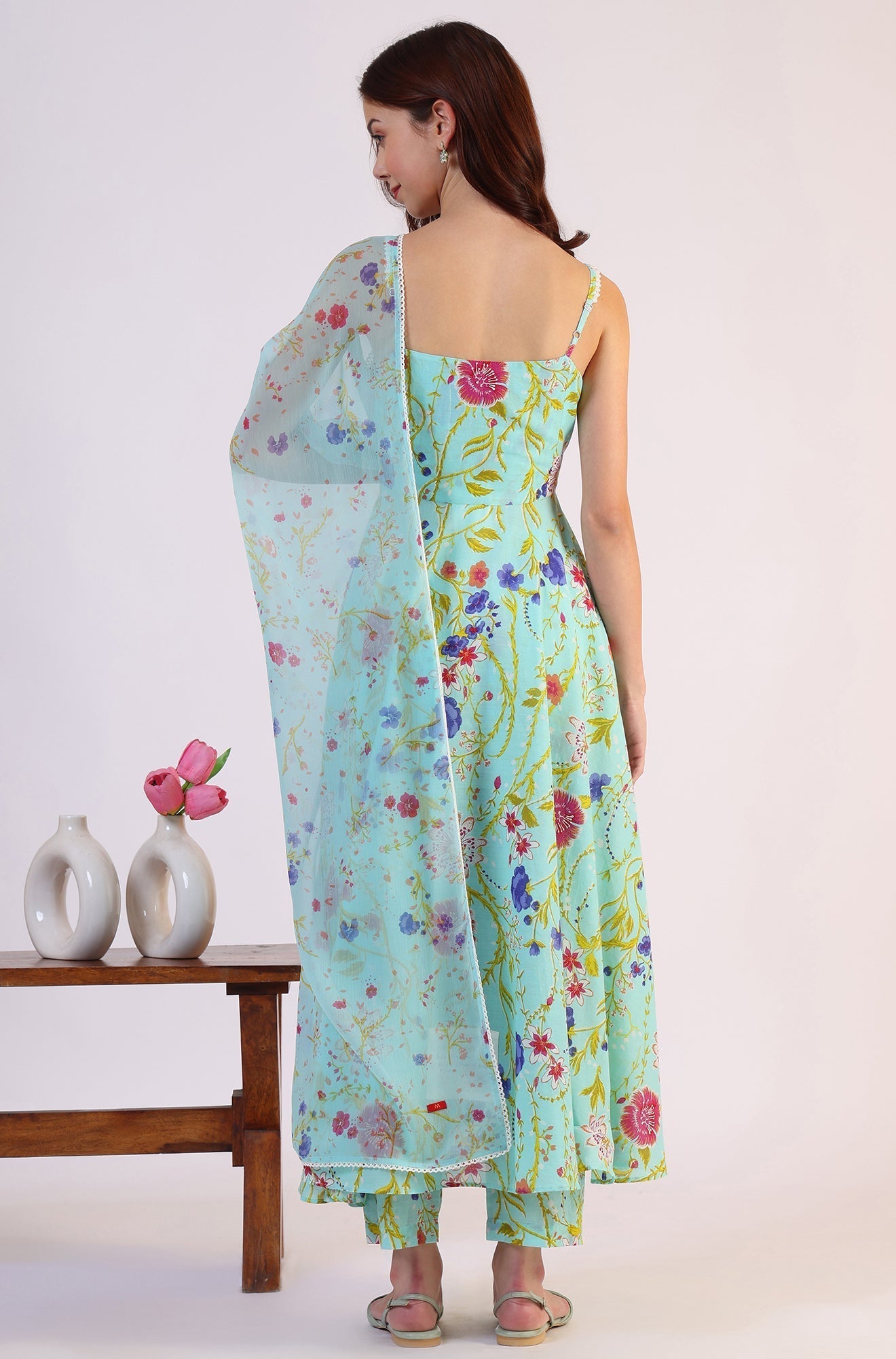 W for Woman Floral Printed Lace Flared Pure Cotton Kurta & Straight Pant with Dupatta Set