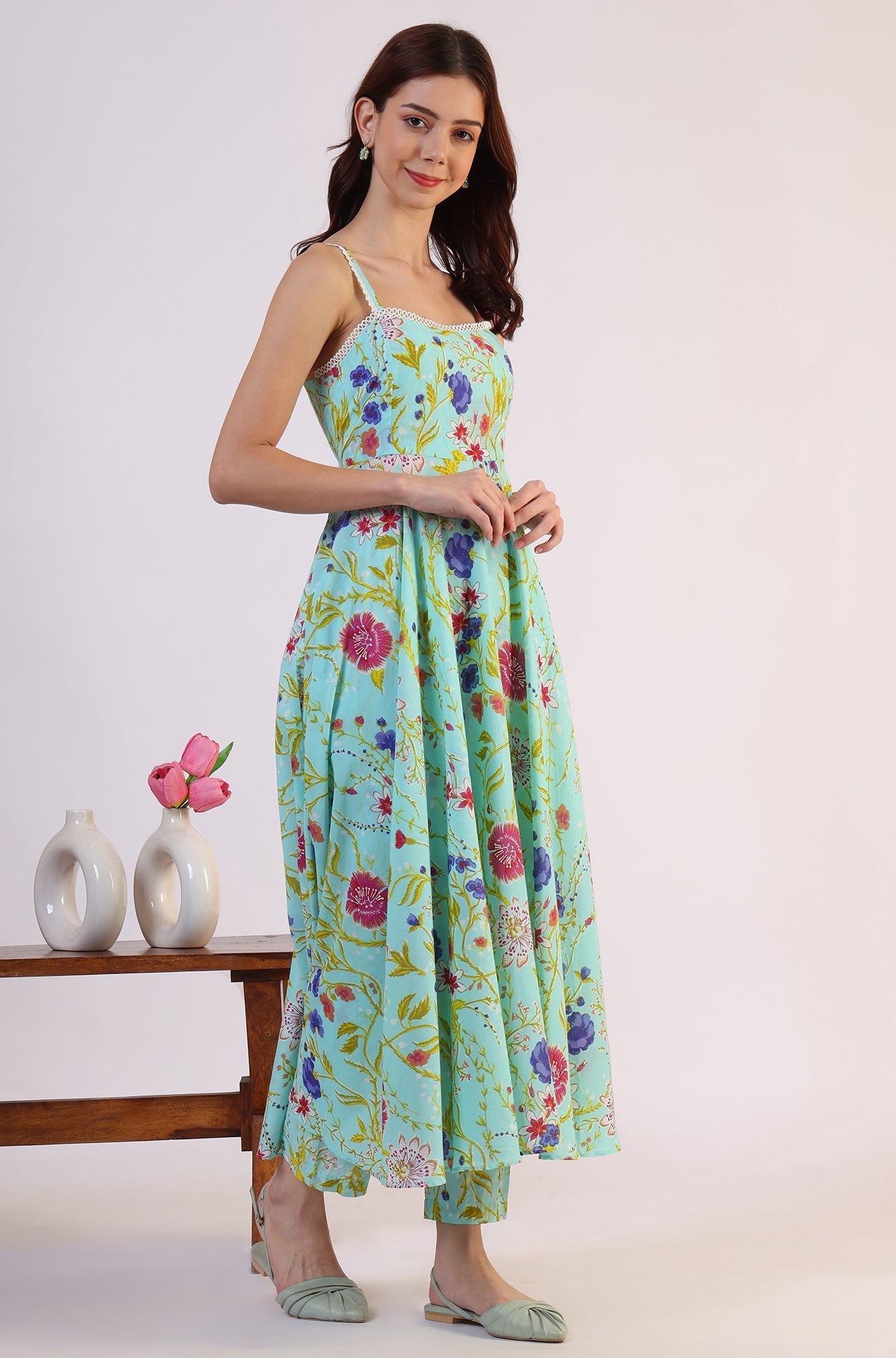 W for Woman Floral Printed Lace Flared Pure Cotton Kurta & Straight Pant with Dupatta Set