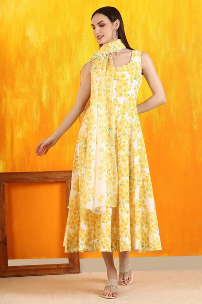 W for Woman White and Yellow Sunflower Printed Pure Cotton Anarkali Kurta and Dupatta Set