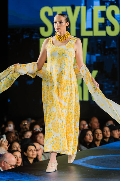 W for Woman White and Yellow Sunflower Printed Pure Cotton Anarkali Kurta and Dupatta Set