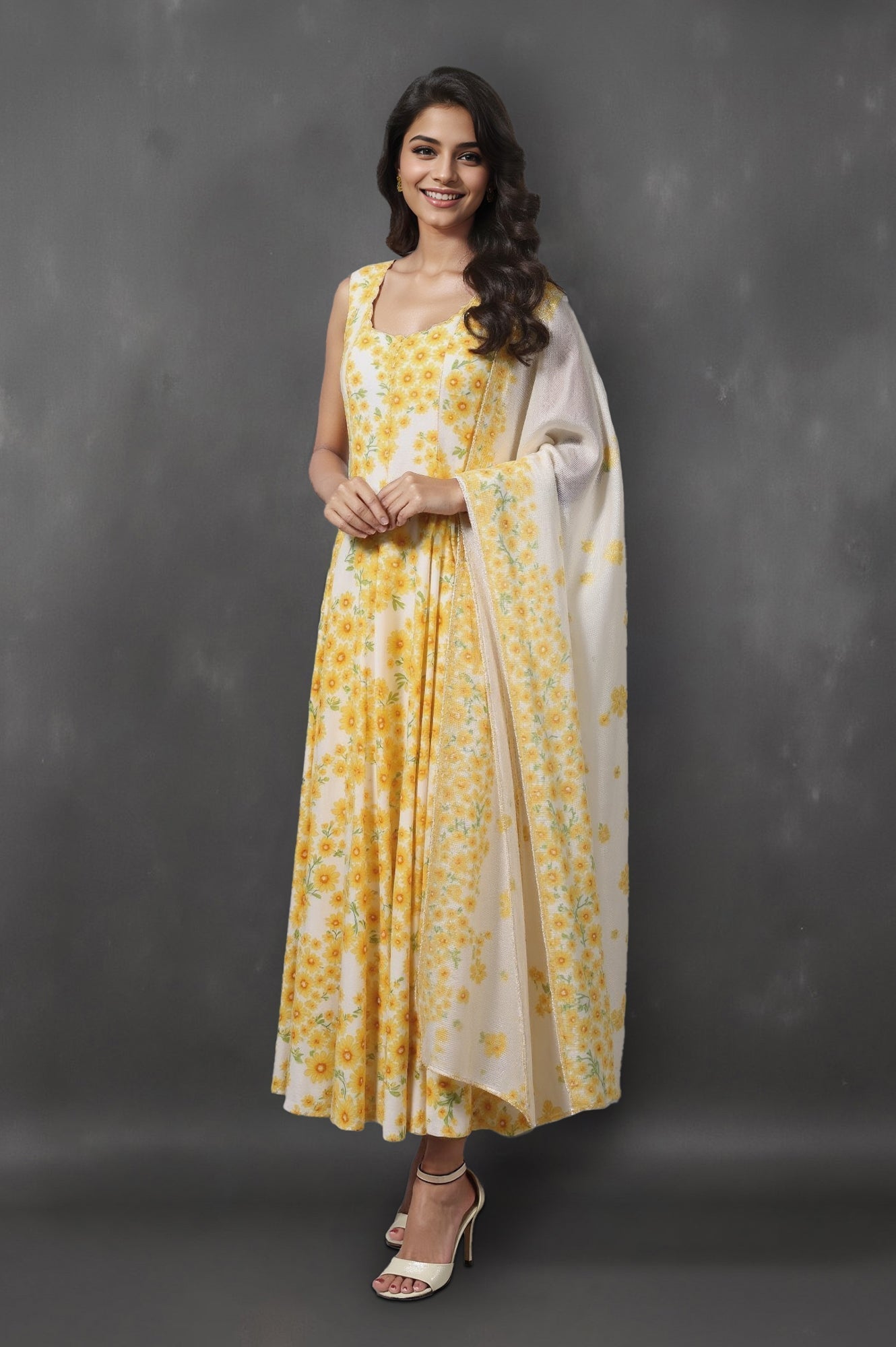 W for Woman White and Yellow Sunflower Printed Pure Cotton Anarkali Kurta and Dupatta Set