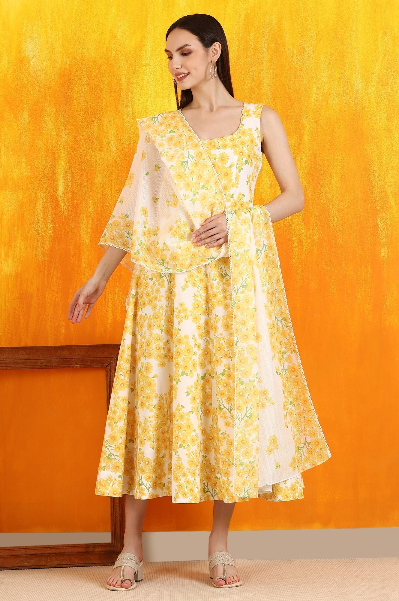 W for Woman White and Yellow Sunflower Printed Pure Cotton Anarkali Kurta and Dupatta Set