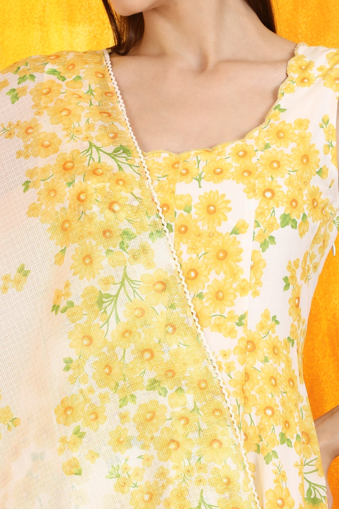 W for Woman White and Yellow Sunflower Printed Pure Cotton Anarkali Kurta and Dupatta Set