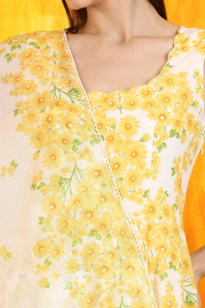 W for Woman White and Yellow Sunflower Printed Pure Cotton Anarkali Kurta and Dupatta Set