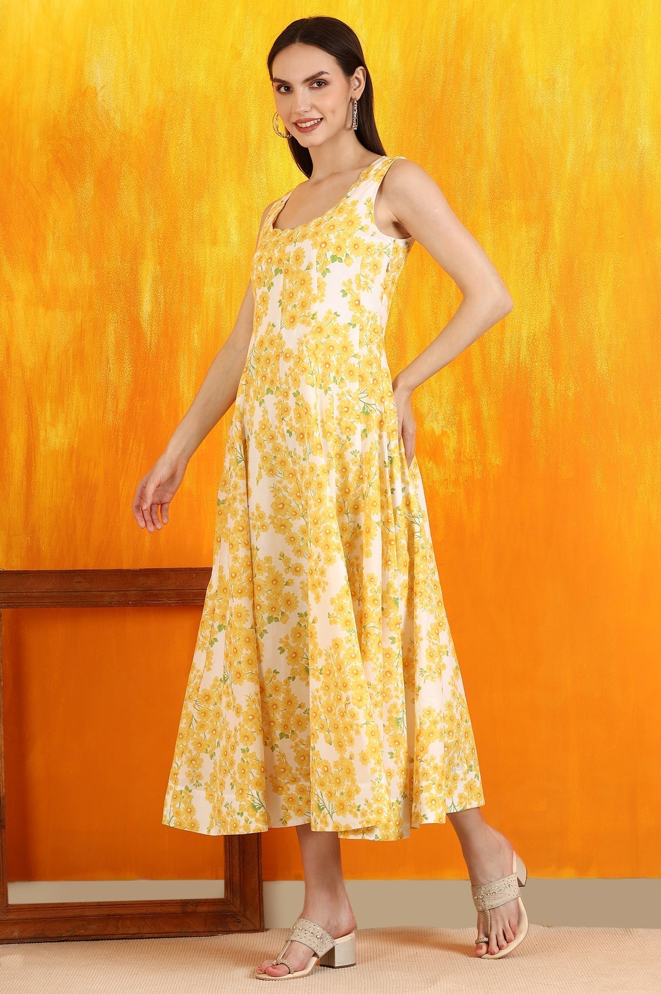 W for Woman White and Yellow Sunflower Printed Pure Cotton Anarkali Kurta and Dupatta Set