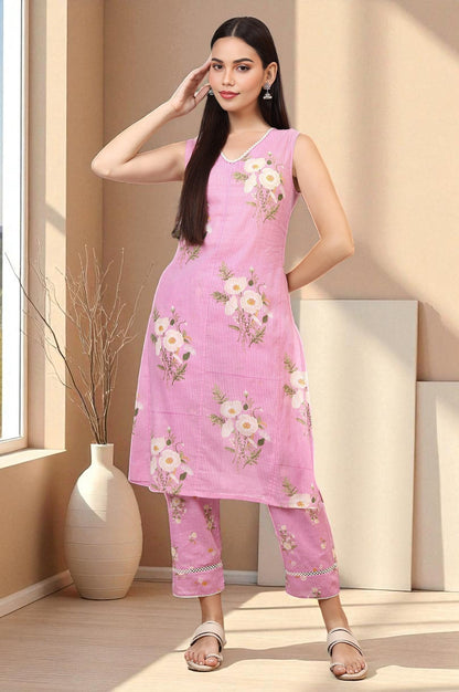 W for Woman Lilac Floral Printed Pure Cotton Straight Kurta and Pants Co-ord Set