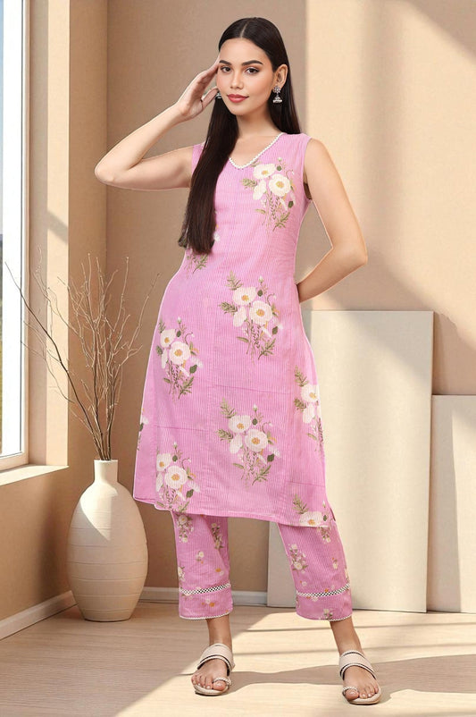 W for Woman Lilac Floral Printed Pure Cotton Straight Kurta and Pants Co-ord Set