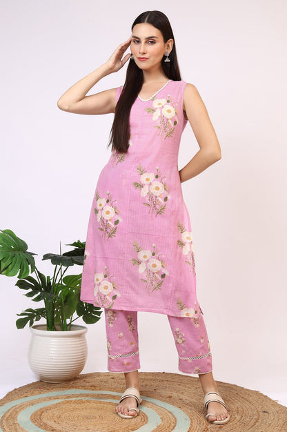 W for Woman Lilac Floral Printed Pure Cotton Straight Kurta and Pants Co-ord Set