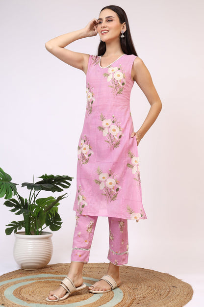 W for Woman Lilac Floral Printed Pure Cotton Straight Kurta and Pants Co-ord Set