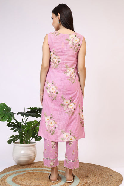 W for Woman Lilac Floral Printed Pure Cotton Straight Kurta and Pants Co-ord Set