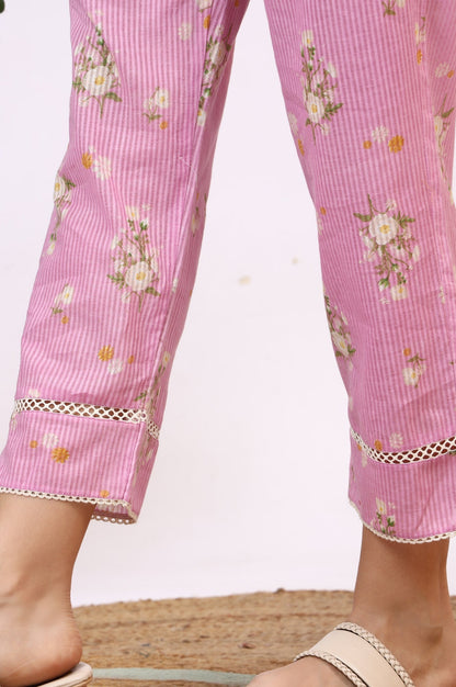 W for Woman Lilac Floral Printed Pure Cotton Straight Kurta and Pants Co-ord Set