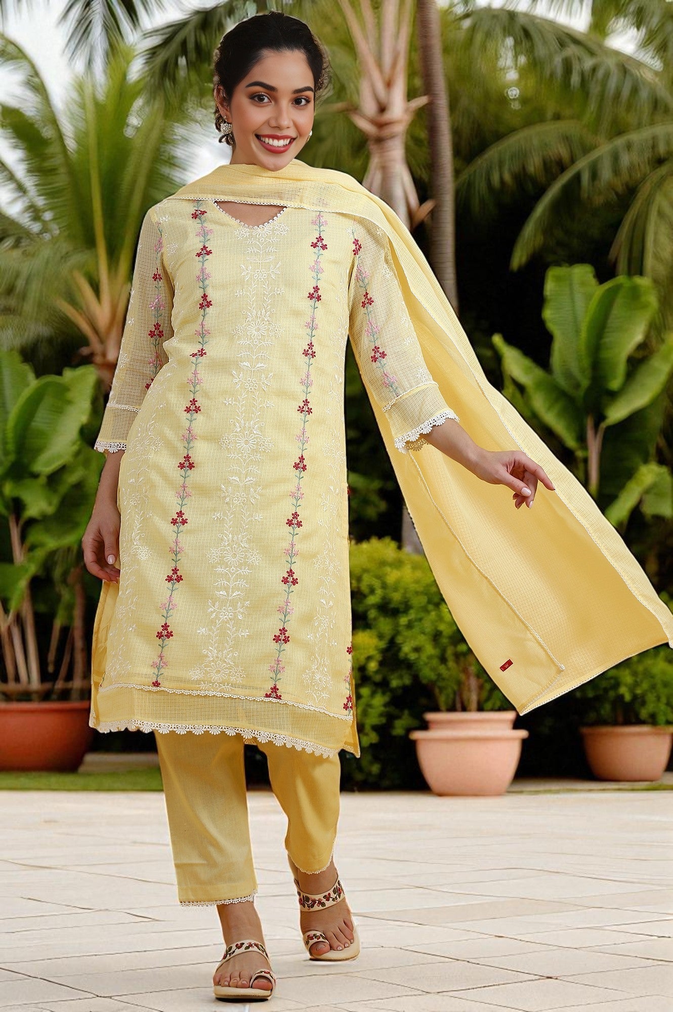 W for Woman Yellow Embroidered Lace Kota Straight Kurta & Straight Pant With Dupatta Set