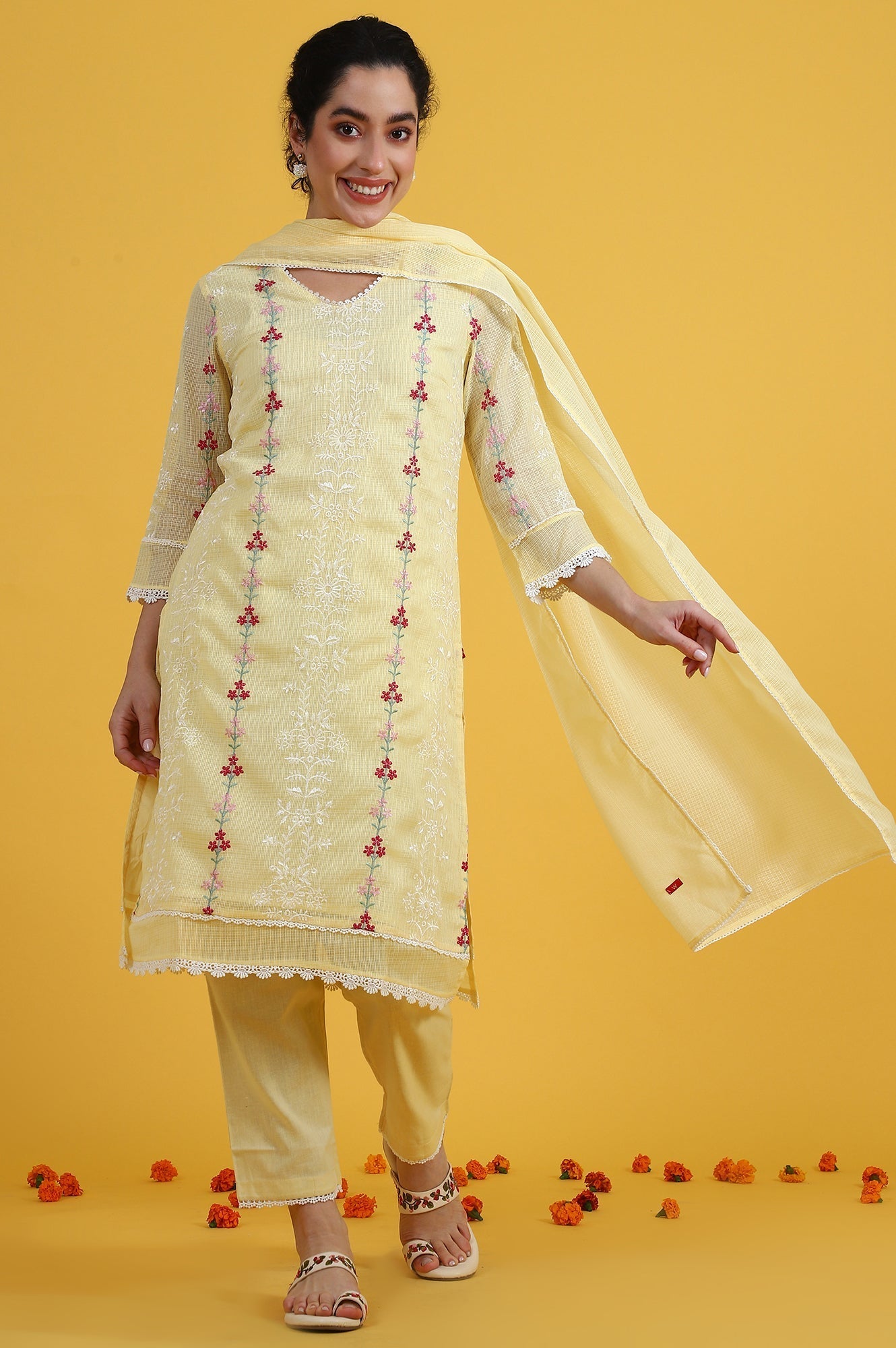 W for Woman Yellow Embroidered Lace Kota Straight Kurta & Straight Pant With Dupatta Set