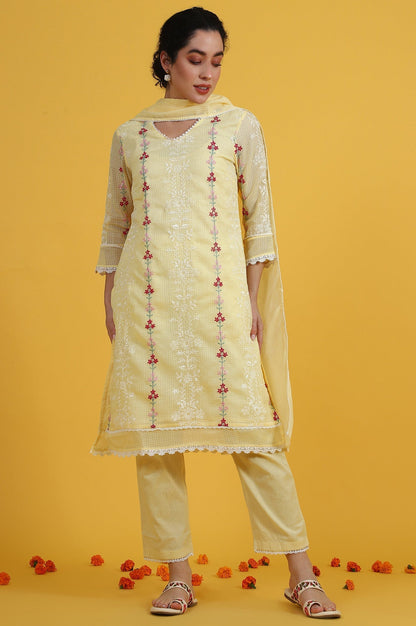 W for Woman Yellow Embroidered Lace Kota Straight Kurta & Straight Pant With Dupatta Set