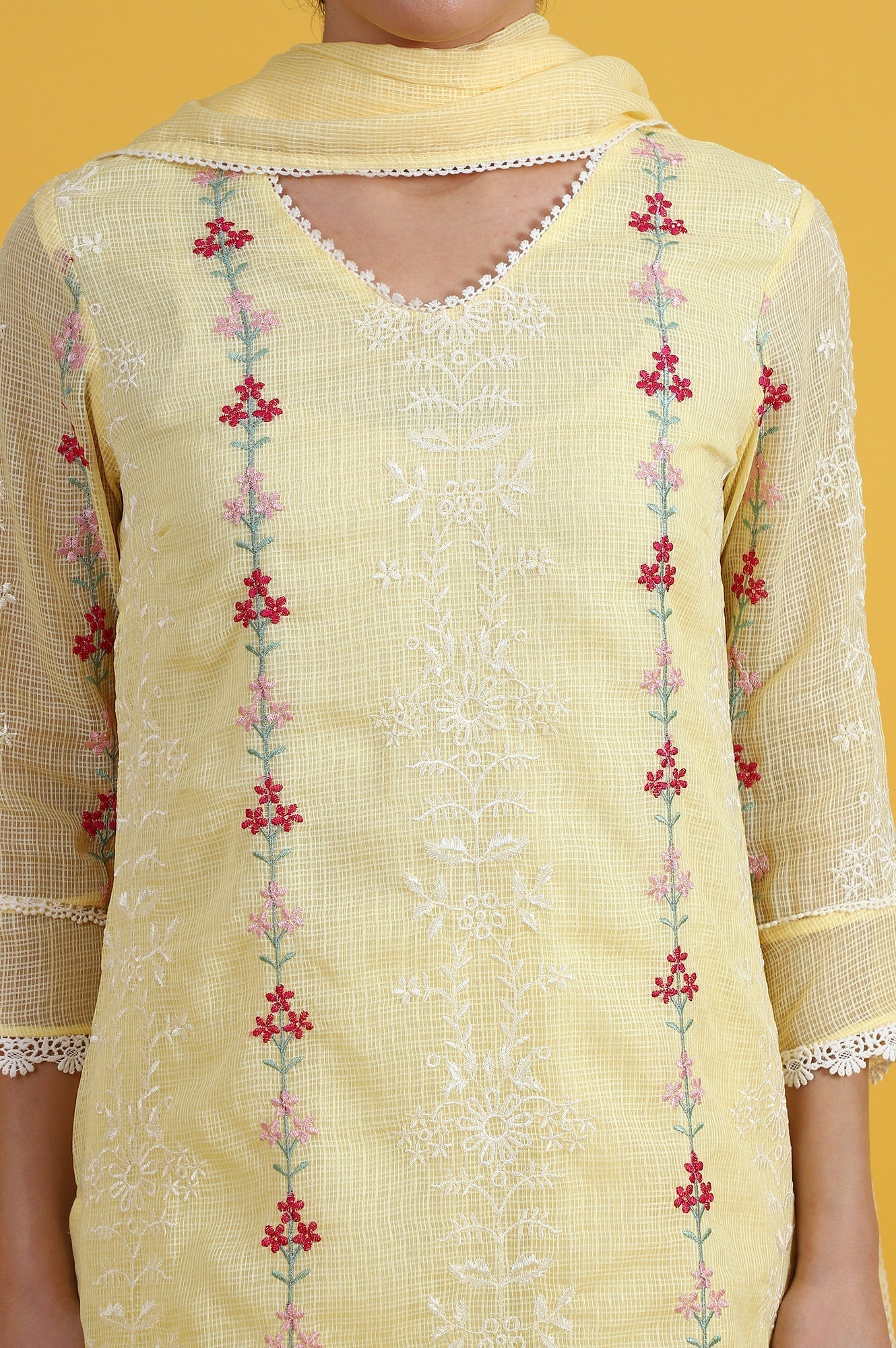 W for Woman Yellow Embroidered Lace Kota Straight Kurta & Straight Pant With Dupatta Set