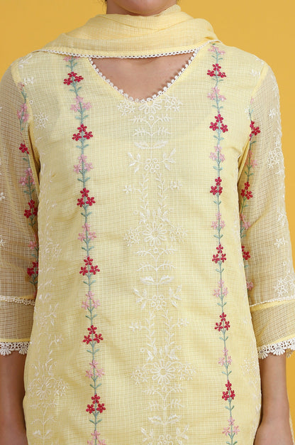 W for Woman Yellow Embroidered Lace Kota Straight Kurta & Straight Pant With Dupatta Set