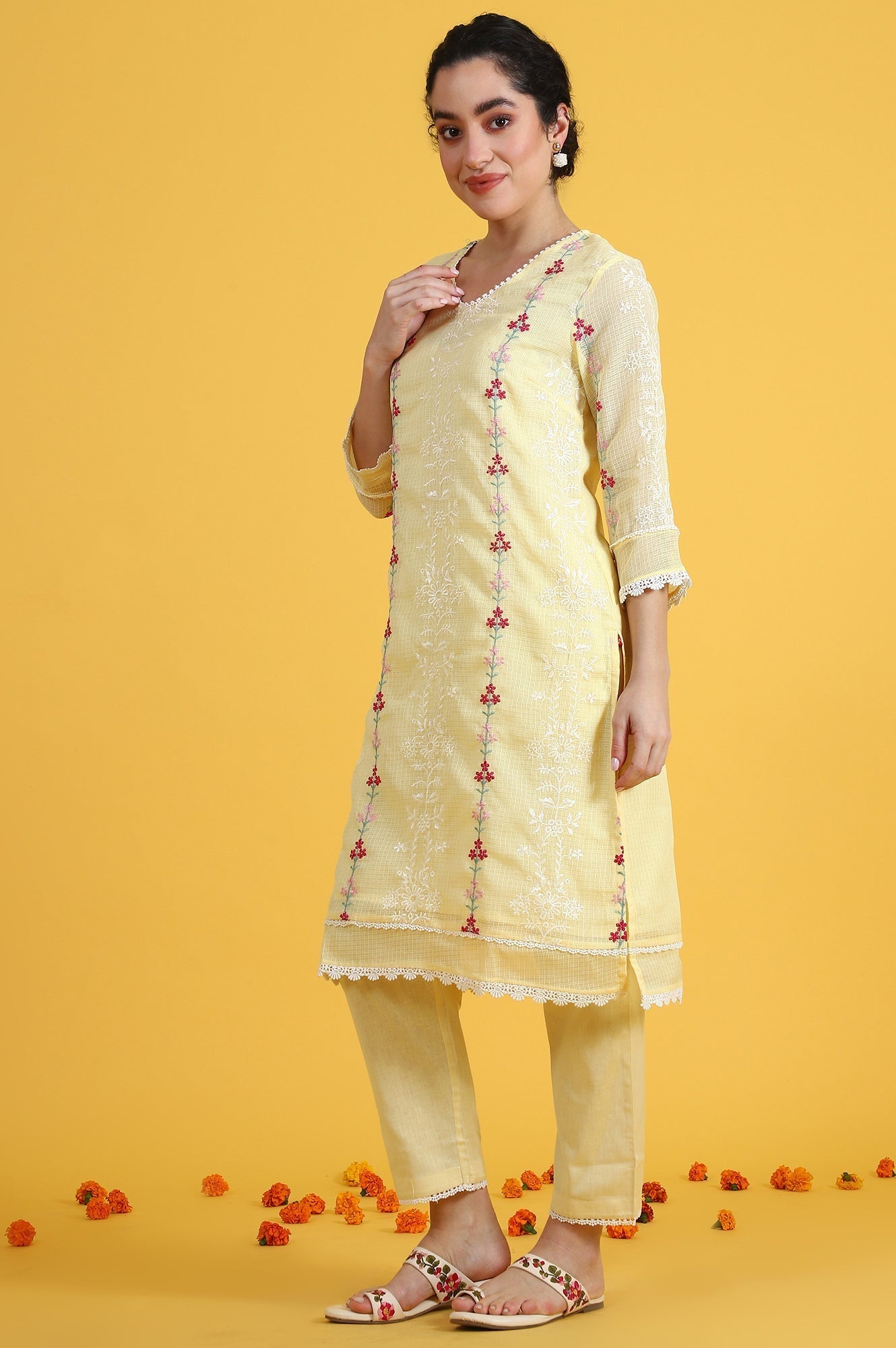 W for Woman Yellow Embroidered Lace Kota Straight Kurta & Straight Pant With Dupatta Set