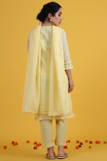 W for Woman Yellow Embroidered Lace Kota Straight Kurta & Straight Pant With Dupatta Set