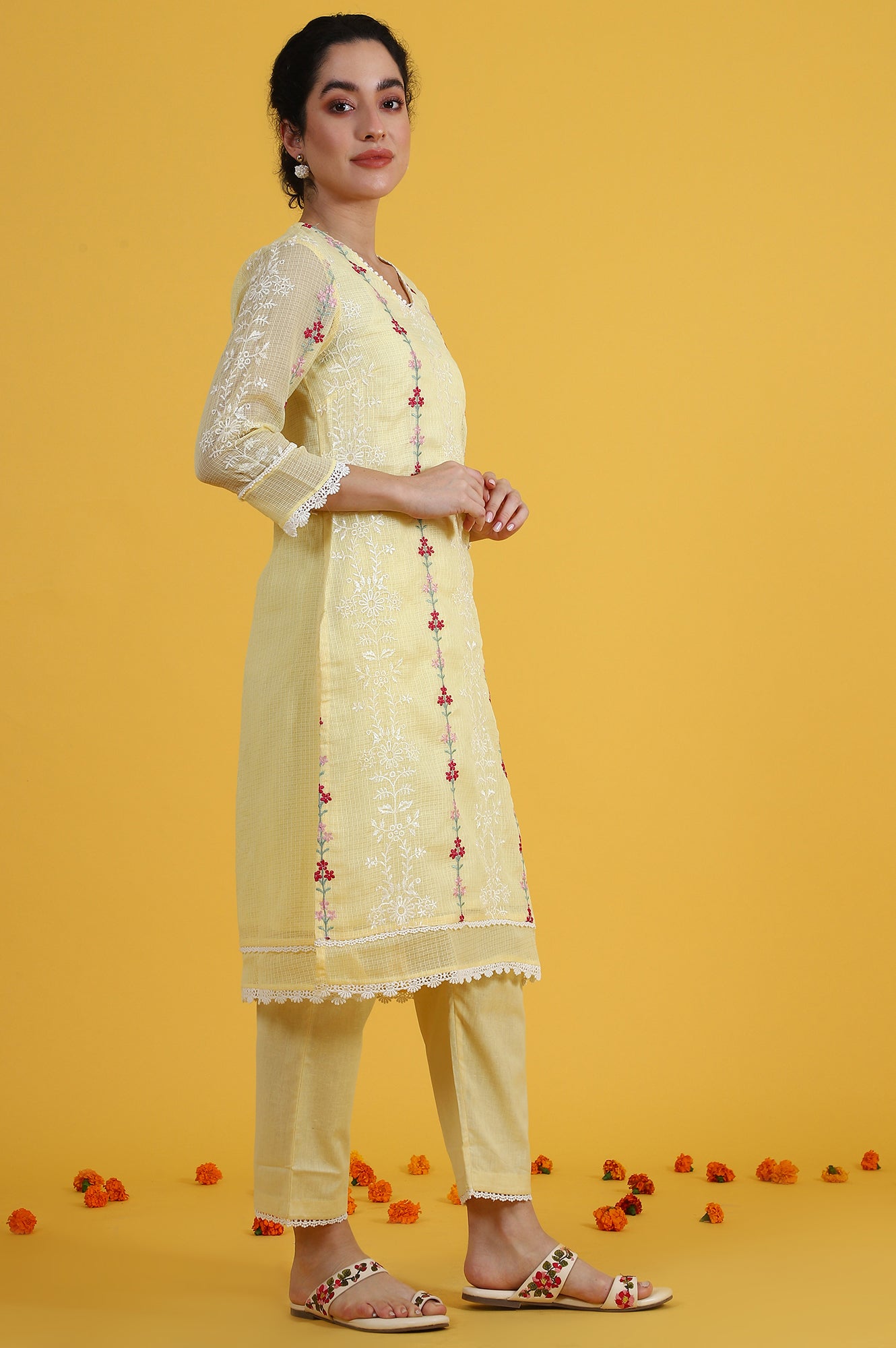 W for Woman Yellow Embroidered Lace Kota Straight Kurta & Straight Pant With Dupatta Set
