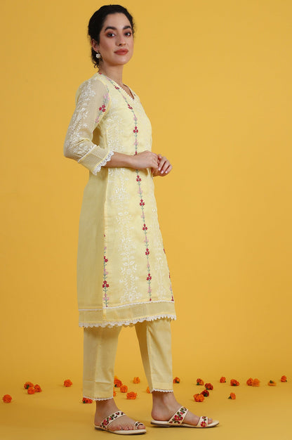 W for Woman Yellow Embroidered Lace Kota Straight Kurta & Straight Pant With Dupatta Set