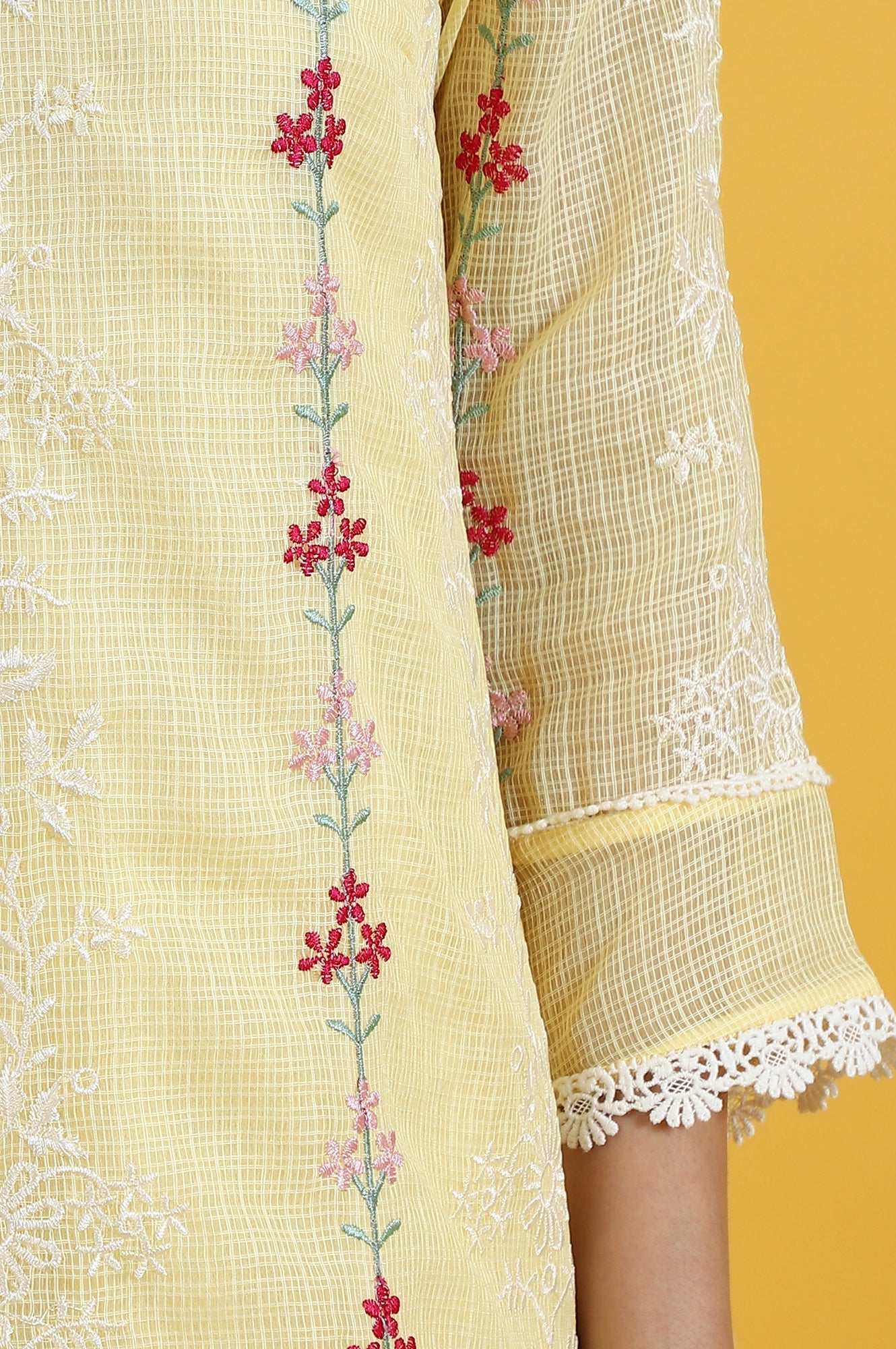 W for Woman Yellow Embroidered Lace Kota Straight Kurta & Straight Pant With Dupatta Set