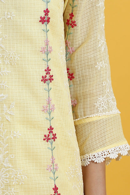 W for Woman Yellow Embroidered Lace Kota Straight Kurta & Straight Pant With Dupatta Set