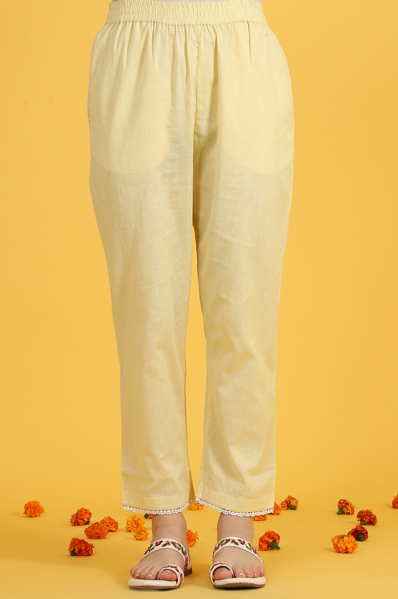 W for Woman Yellow Embroidered Lace Kota Straight Kurta & Straight Pant With Dupatta Set
