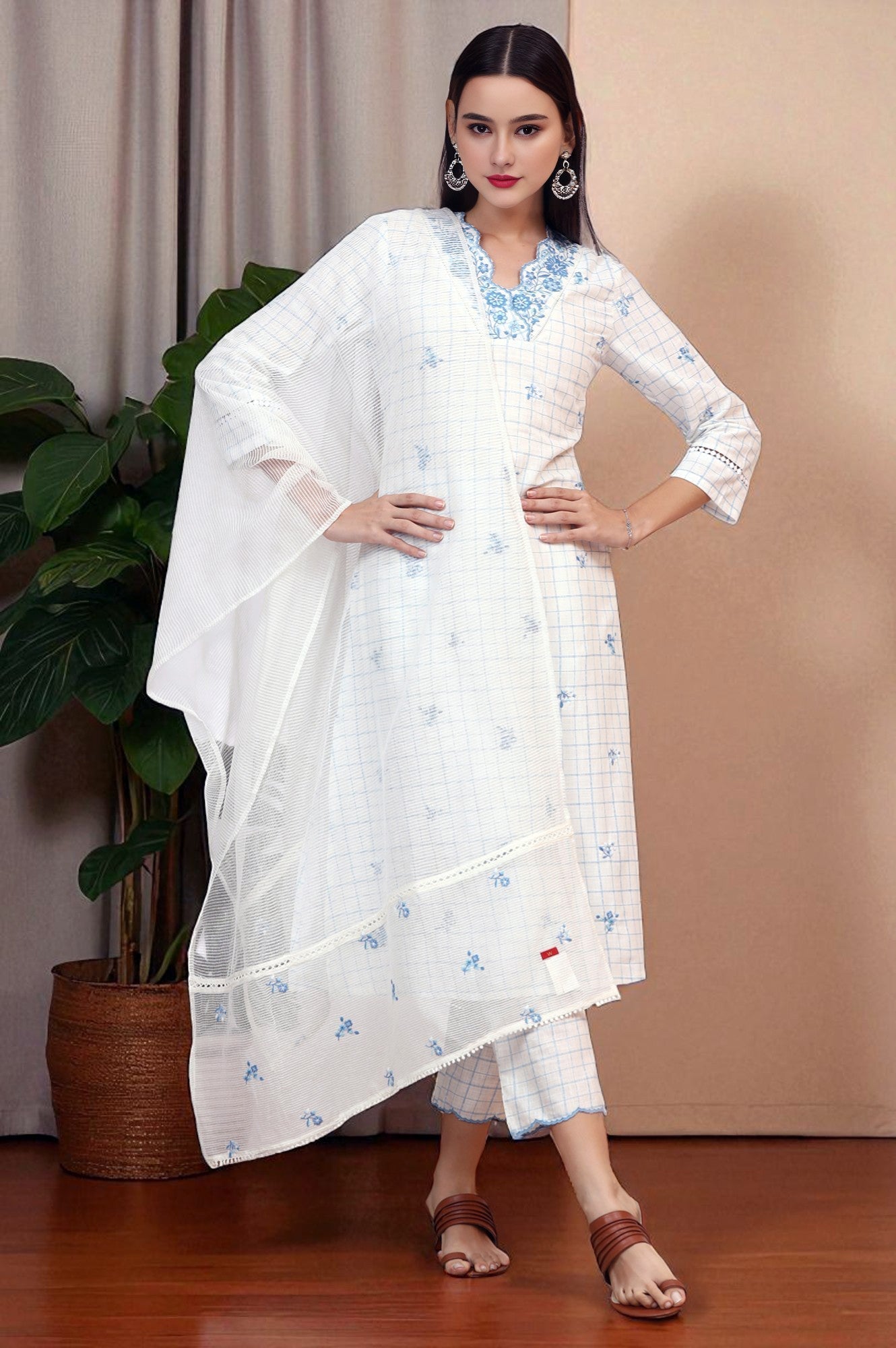 W for Woman White Embroidered Checker Pure Cotton Straight Kurta, Pants and Dupatta Set