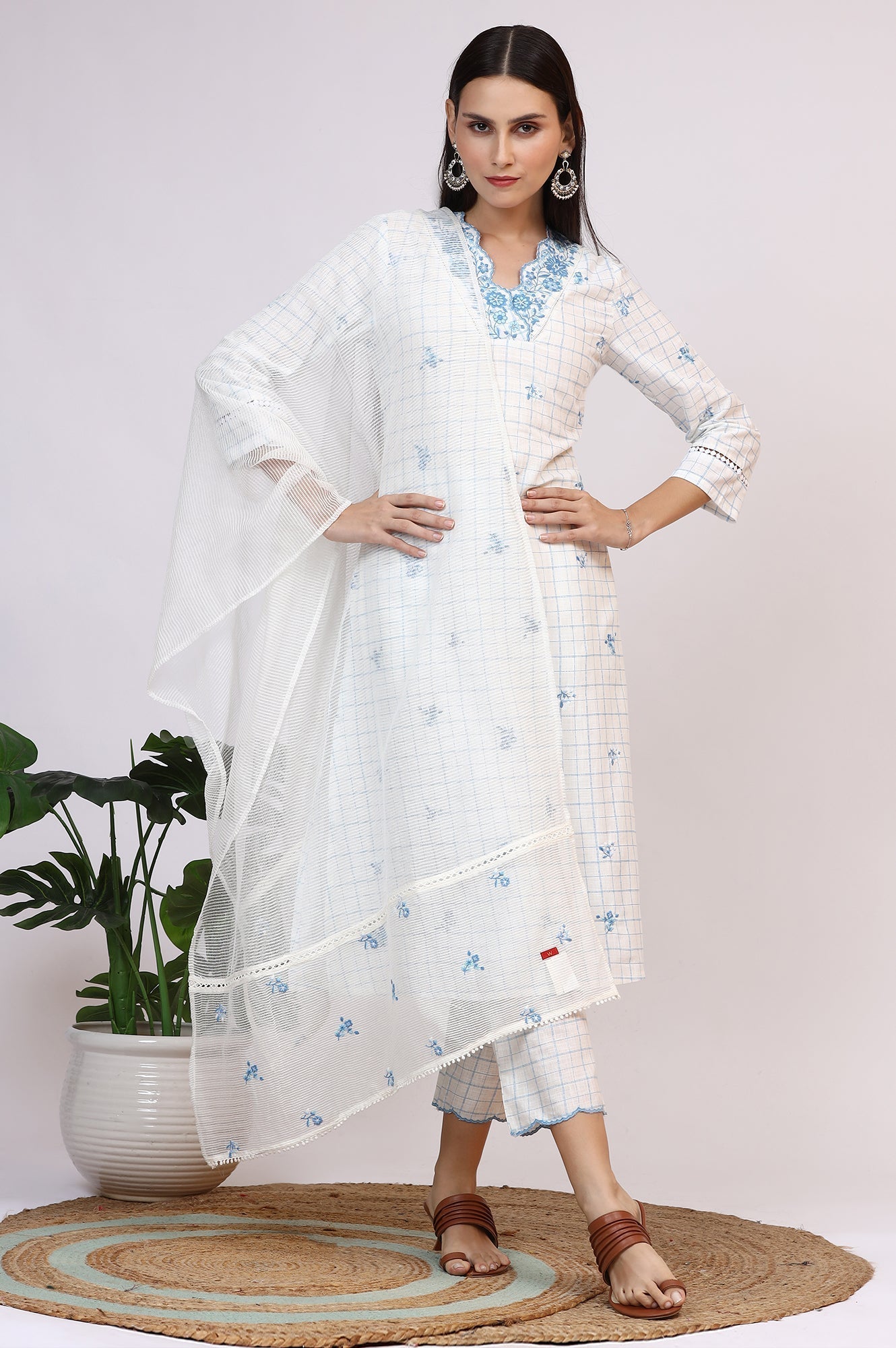 W for Woman White Embroidered Checker Pure Cotton Straight Kurta, Pants and Dupatta Set