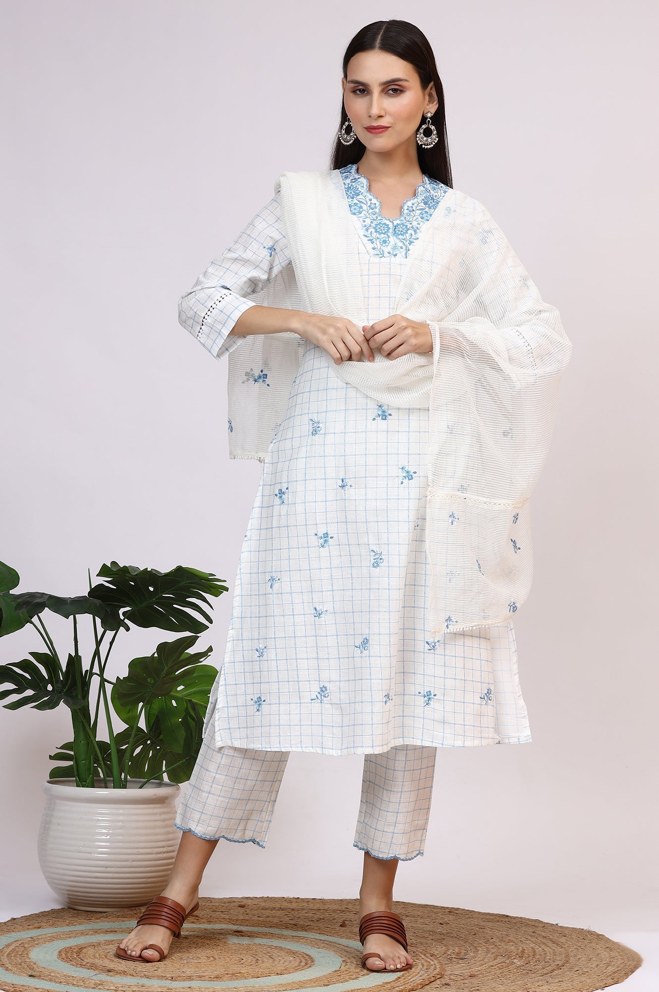 W for Woman White Embroidered Checker Pure Cotton Straight Kurta, Pants and Dupatta Set