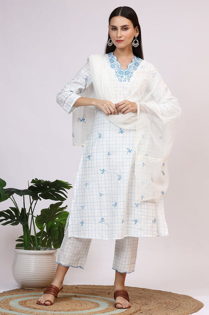 W for Woman White Embroidered Checker Pure Cotton Straight Kurta, Pants and Dupatta Set