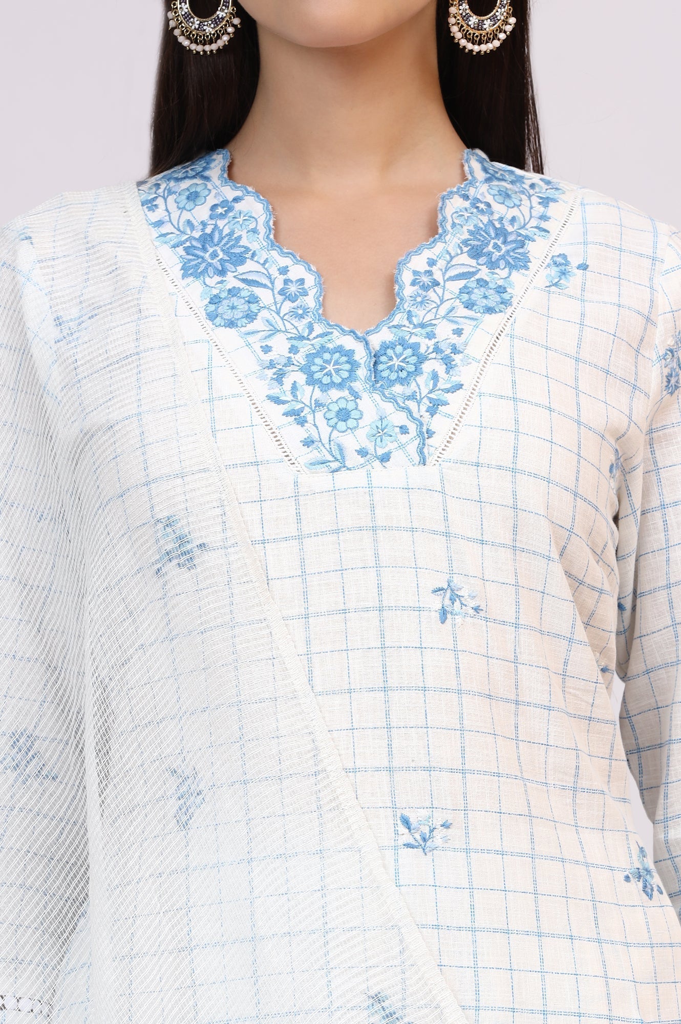 W for Woman White Embroidered Checker Pure Cotton Straight Kurta, Pants and Dupatta Set