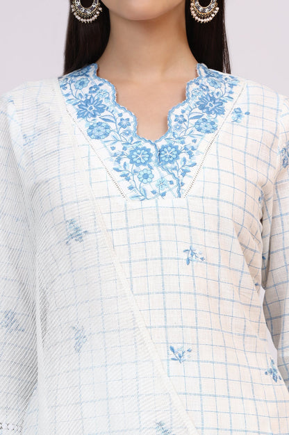 W for Woman White Embroidered Checker Pure Cotton Straight Kurta, Pants and Dupatta Set