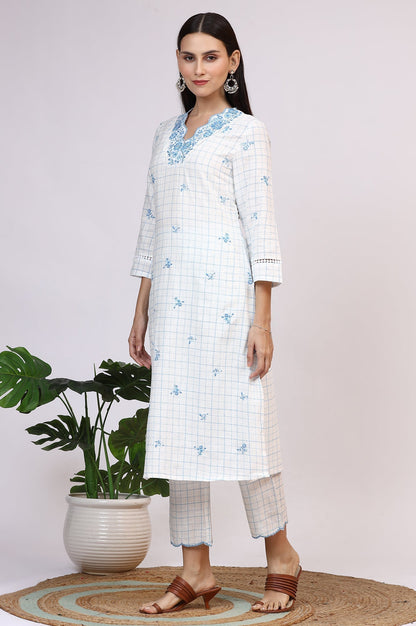 W for Woman White Embroidered Checker Pure Cotton Straight Kurta, Pants and Dupatta Set