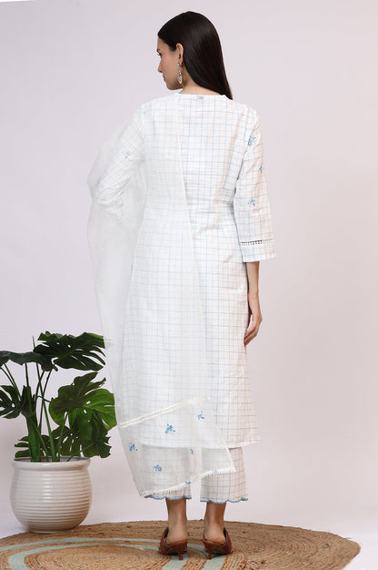 W for Woman White Embroidered Checker Pure Cotton Straight Kurta, Pants and Dupatta Set