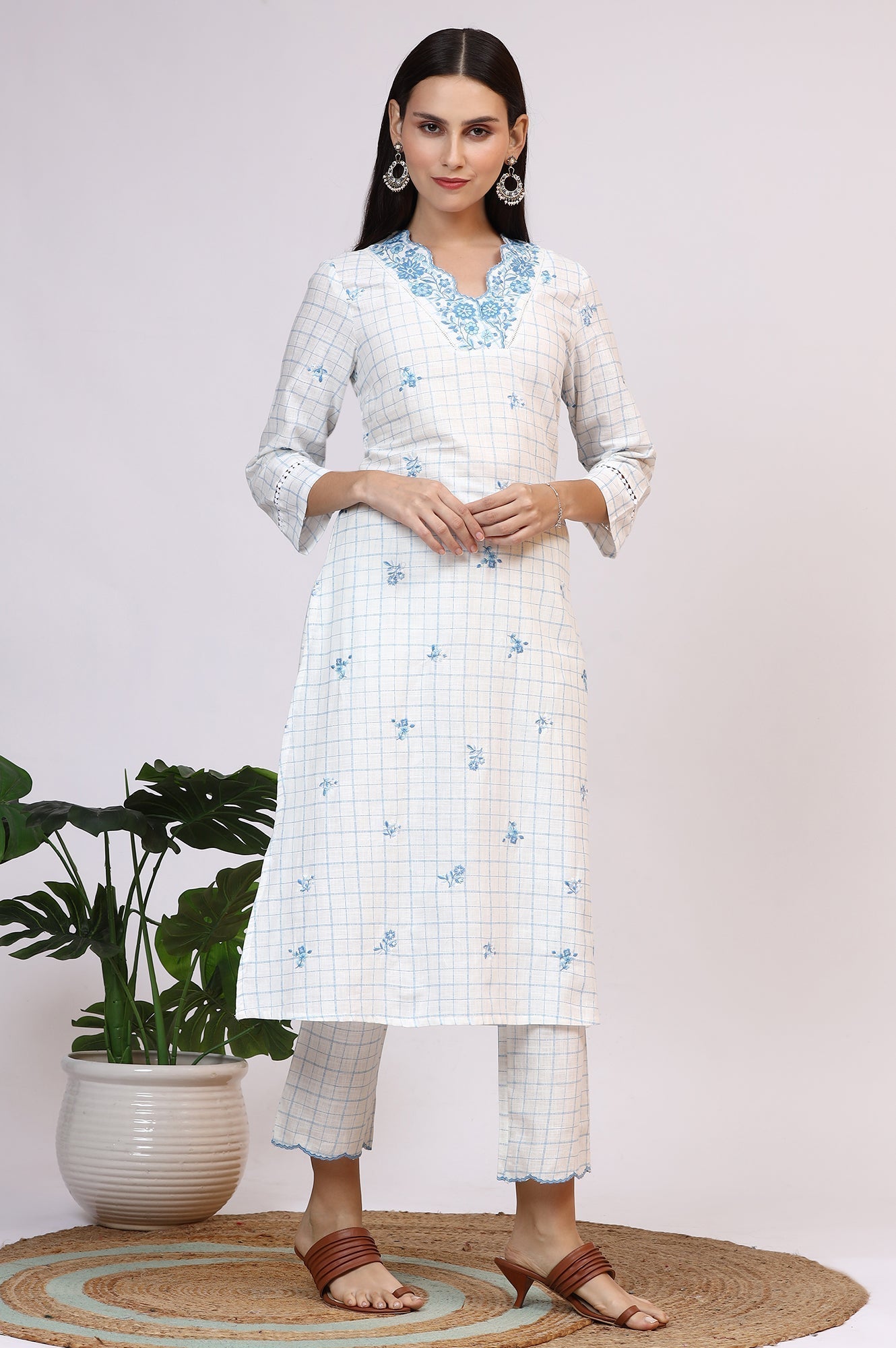 W for Woman White Embroidered Checker Pure Cotton Straight Kurta, Pants and Dupatta Set