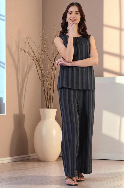 W for Woman Black Yarn Dyed Striped Sleeveless Top and Pants Co-ord Set