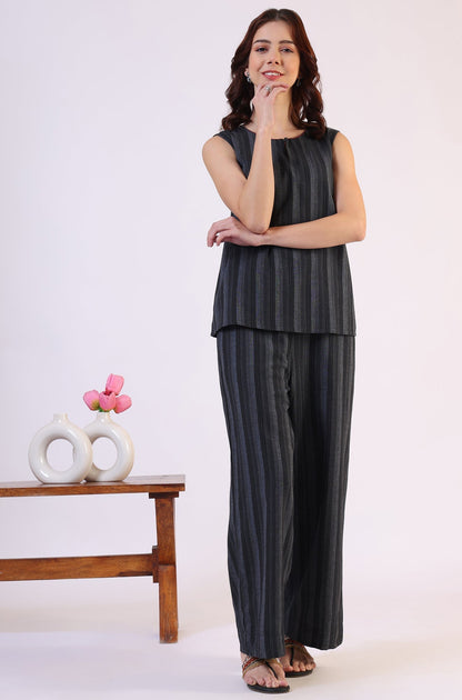 W for Woman Black Yarn Dyed Striped Sleeveless Top and Pants Co-ord Set