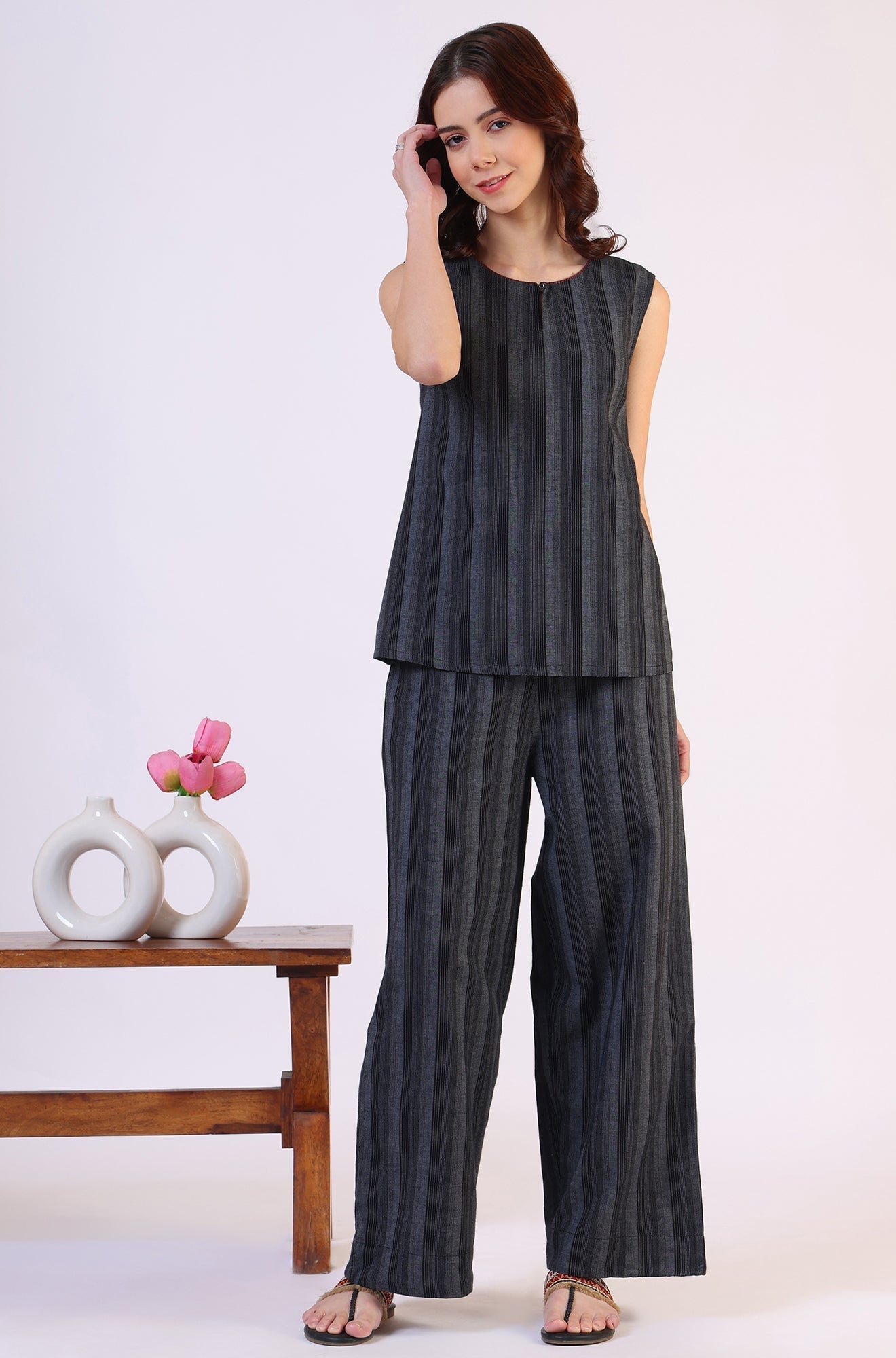 W for Woman Black Yarn Dyed Striped Sleeveless Top and Pants Co-ord Set