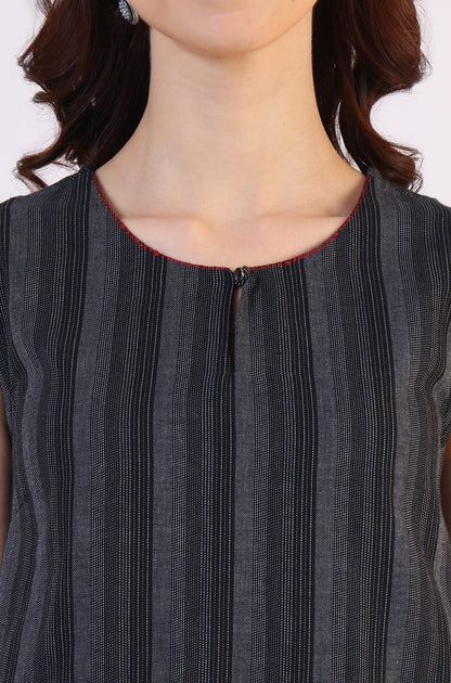 W for Woman Black Yarn Dyed Striped Sleeveless Top and Pants Co-ord Set