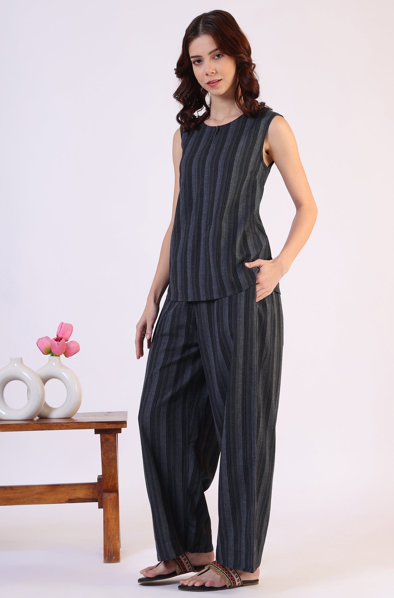 W for Woman Black Yarn Dyed Striped Sleeveless Top and Pants Co-ord Set