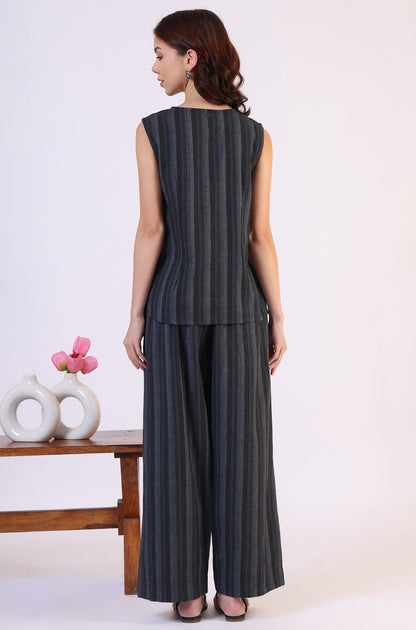 W for Woman Black Yarn Dyed Striped Sleeveless Top and Pants Co-ord Set