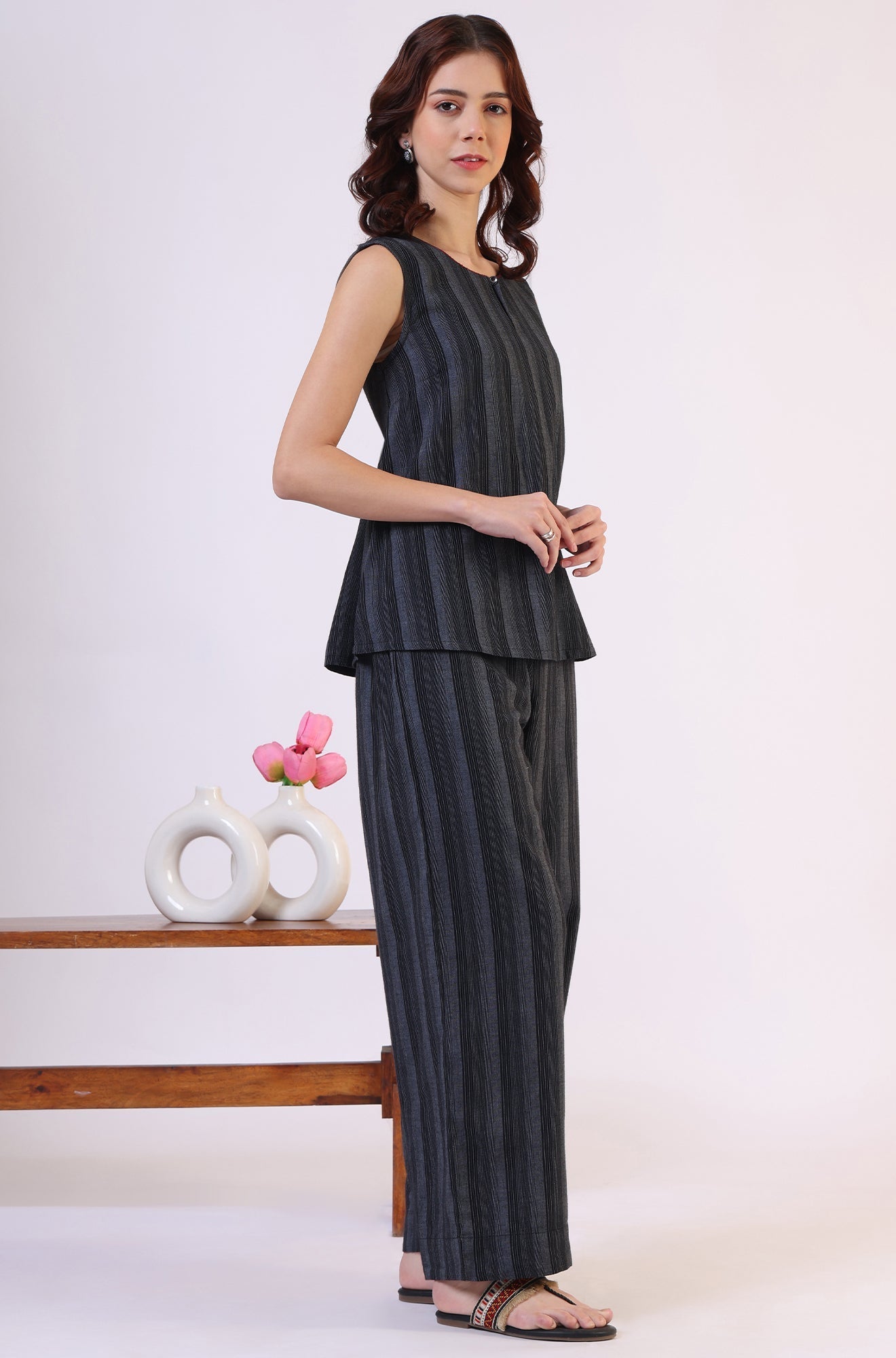 W for Woman Black Yarn Dyed Striped Sleeveless Top and Pants Co-ord Set