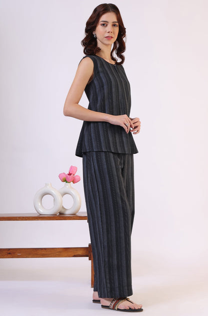W for Woman Black Yarn Dyed Striped Sleeveless Top and Pants Co-ord Set