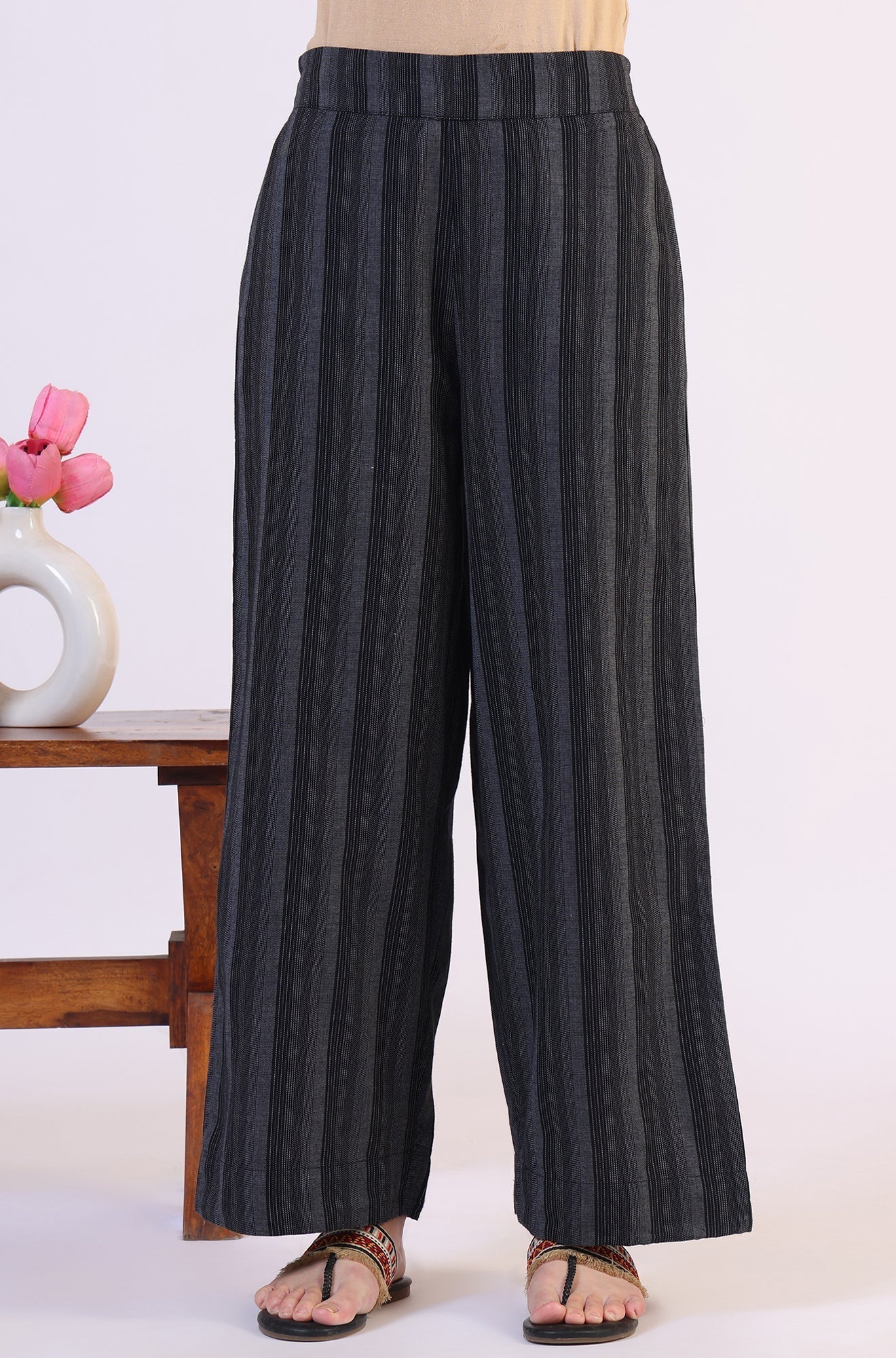W for Woman Black Yarn Dyed Striped Sleeveless Top and Pants Co-ord Set